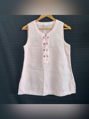 Tommy Bahama Linen Pink White Seersucker Sleeveless Top Lace Up XS Coastal Beach